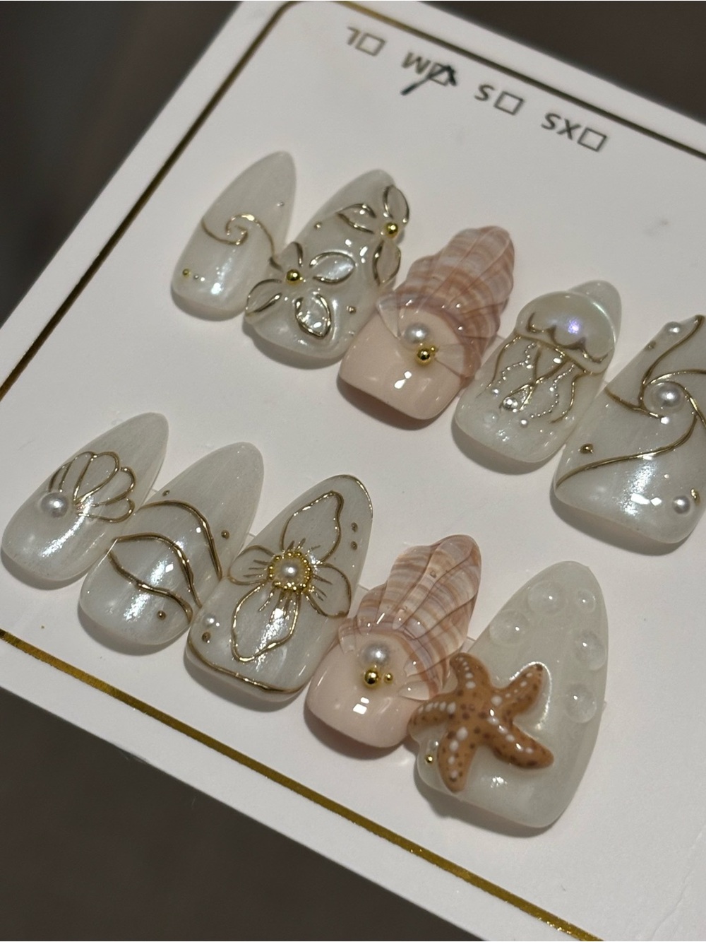 Seashell & Starfish Pearl Press-On Nail Set with Gold Accents MEDIUM